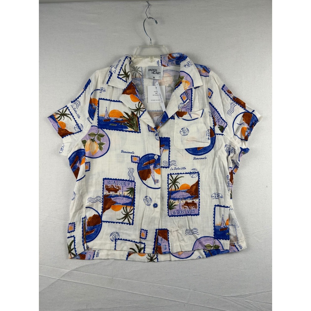 Paper Heart La Dolce Vita Postcard Print Linen Blend Shirt XS White TP241272